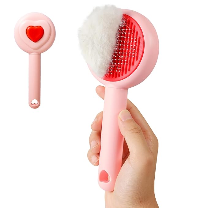 New cat brush&dog brush,pet hair brush with Self Cleaning Button Easy to remove loose undercoat，Needle-tip massage beads, no harm to the skin,Lovely Heart Series(Pink)