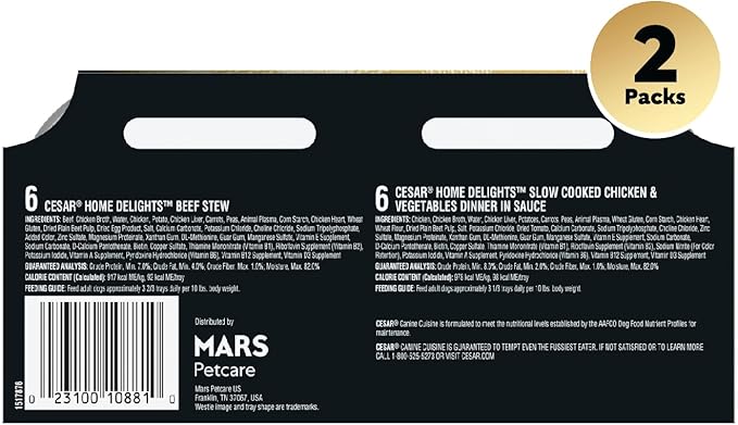 Cesar Wet Dog Food Classic Loaf in Sauce Top Sirloin & Grilled Chicken Flavors Variety Pack, 3.5 oz. Easy Peel Trays, (12 Count, Pack of 2)