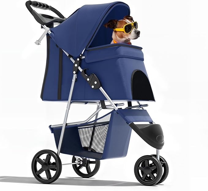 Magshion 3-Wheel Pet Stroller, Foldable Travel Jogger for Small & Medium Dogs & Cats (Up to 33lbs), Lightweight Carrier with Breathable Mesh Cover, Cup Holder & Storage Basket, Navy Blue