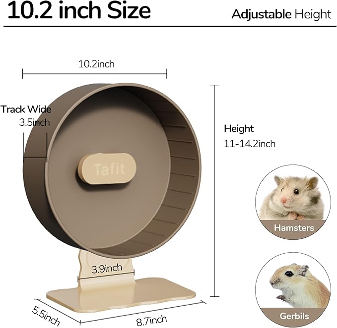 Quiet Hamster Wheel 10.2 Inch Dual-Bearings Silent Small Animals Running Exercise Wheel Height Adjustable for Syrian Hamsters, Gerbils, Rats, or Other Small Pets, Mousse White