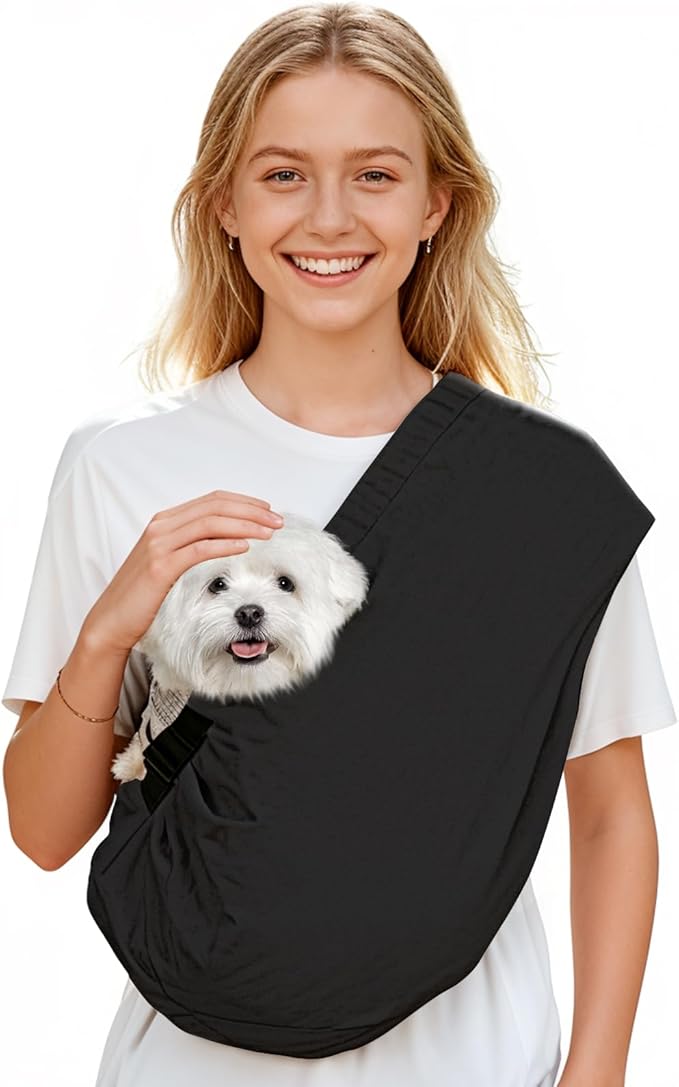 Dog Carrier Sling for Small Dogs Cats – Hands Free Pet Sling Carrier with Mesh Lining Pocket & Safety Hook, Adjustable Cat Dog Front Carrier for Travel, Daily Walk, Outdoor Black L
