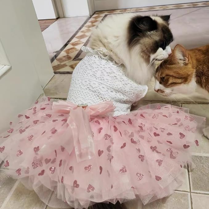 Dog Princess Dress with Heart Patterns & Bow Puppy Clothes for Small Dogs Girl Fancy Cat Birthday Outfit Pet Wedding Dresses (Pink White, Small)