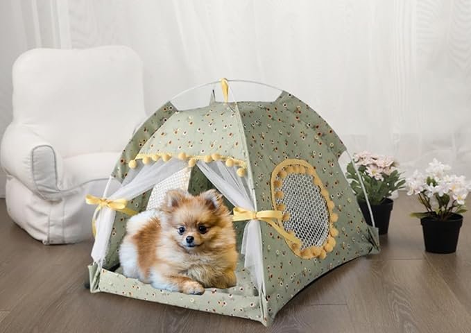 Cat Bed Tents Dog House Indoor Outdoor Lace Mesh Breathable Windows Door Curtains Removable Portable Nest Teepe House (Small,Green&Yellow)