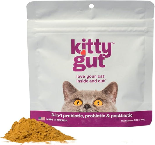 KittyGut 3-in-1 Organic Cat Probiotics & Postbiotic Supplement Powder- Made in USA-Probiotics for Cats Promote Gut Health and Cat Digestive Support, Diarrhea and Vomiting (90g)