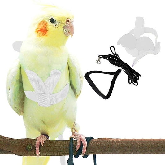 Pet Parrot Bird Harness and Leash, Adjustable Training Design Anti-Bite, Bird Nylon Rope with Cute Wing for Parrots, Suitable for Alexandrine, Scarlet, Keck, Mini Macaw Same Size Birds (White)