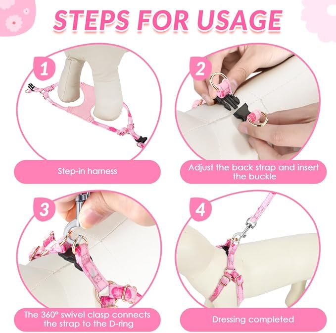 SlowTon No Pull Dog Harness with Leash - Soft Lightweight Floral Pattern Puppy Harness, Adjustable Pet Harness for Small Medium Dogs (Strawberry XXS)