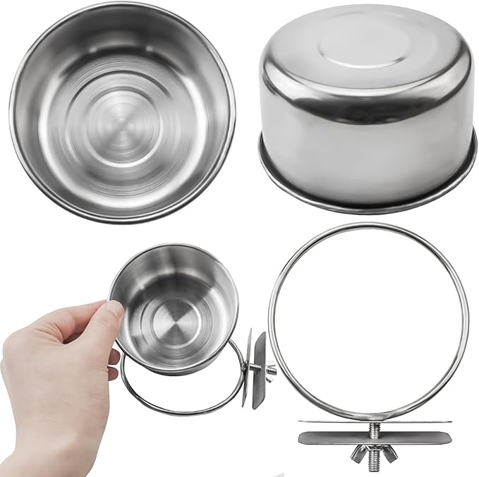 MotBach 3 Pack Bird Feeding Bowls Cups Parrot Food Water Dishes, Stainless Steel Bird Bowl Cup Dish with Clamp, Birdcage Feeder Pet Cage Bowls for Cockatiel Budgie Conure Macaw Parakeet Small Animal