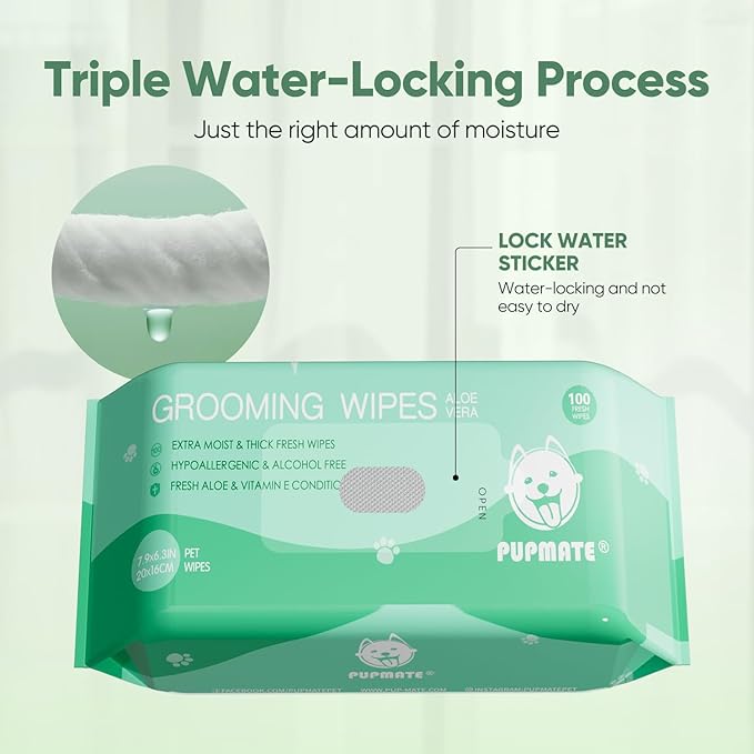 Pet Wipes for Dogs & Cats, Extra Moist & Thick Grooming Puppy Wipes with 300 Fresh Counts, Aloe Vera/Nature (3 Pack)