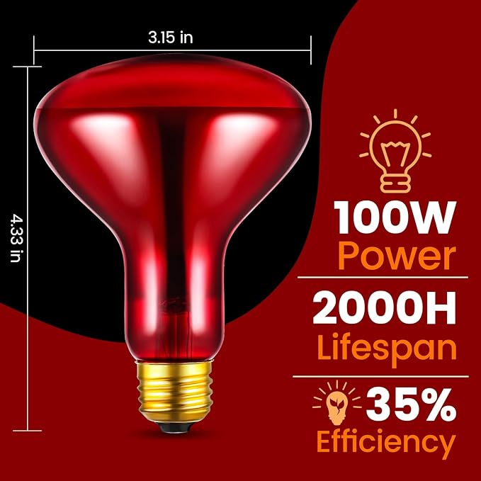 2-Pack 100W Infrared Heat Lamp - Reptile Heat Emitter, Red Heat Bulb for Chicked, Snake & Leopard Gecko, E26 Base