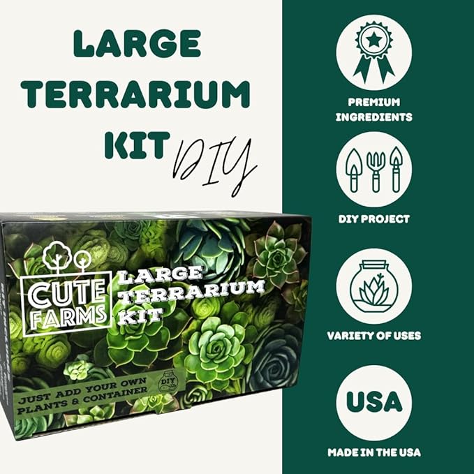Cute Farms Terrarium Starter Kit | Moss, Vermiculite, Soil, Pebbles, Plant Food, & Finishing Tools (Large Kit + Crystals)