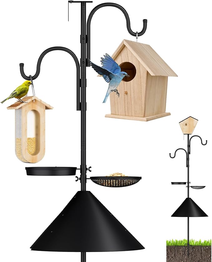 Bird Feeder Pole with Squirrel Proof Baffle,92 Inch Adjustable Double Shepherds Hook,Heavy Duty Hanging Bird House Pole Stand for Outdoors,Hummingbird Bird Bath Feeder Tray for Outside, Yard, Garden