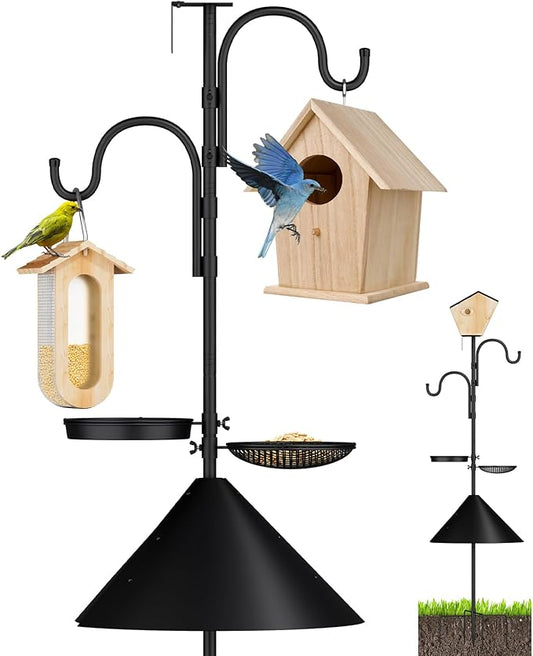 Bird Feeder Pole with Squirrel Proof Baffle,92 Inch Adjustable Double Shepherds Hook,Heavy Duty Hanging Bird House Pole Stand for Outdoors,Hummingbird Bird Bath Feeder Tray for Outside, Yard, Garden