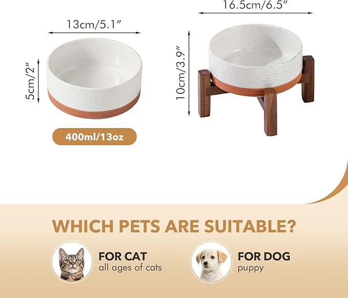 Ceramic 5.1inch Raised Dog and Cat Bowl Set, 2 Heights Elevated Wooden Stand for Puppy, Kitty, Cats, Weighted Pet Food and Water Dishes(5.1'',13.5oz, Vanilla White)