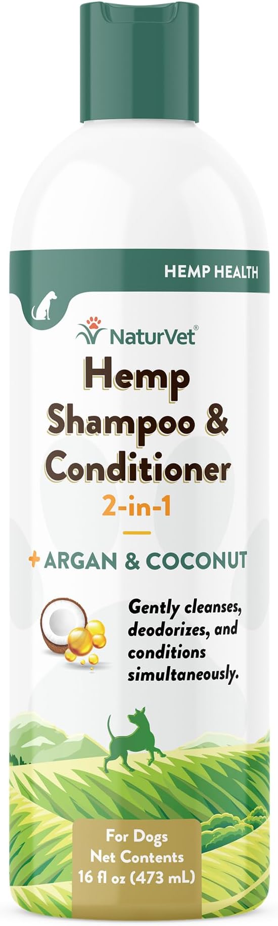 NaturVet Hemp Shampoo & Conditioner 2-in-1 with Argan and Coconut for Dogs, 16oz Liquid, Made in The USA