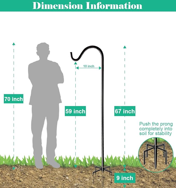 76 Inch Tall Outdoor Shepherds Hook with 5 Prong Base, Adjustable Bird Feeder Pole Hanger for Hanging Outside Birdfeeders, Plant Baskets, Lanterns, Wedding Decor