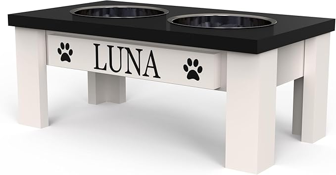 GrooveThis Woodshop Luxury Pet Feeder - Elevated Stand with Stainless Steel Bowls for Small Dogs & Cats, Anti-Slip, Easy Clean, Chic & Durable Design (Small, Black)