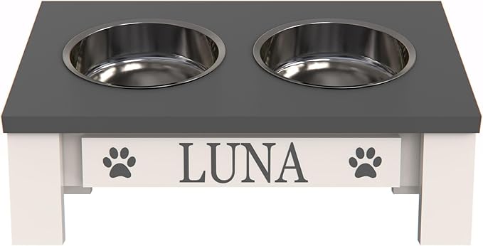 GrooveThis Woodshop Luxury Pet Feeder - Elevated Stand with Stainless Steel Bowls for Small Dogs & Cats, Anti-Slip, Easy Clean, Chic & Durable Design (Tilted, Grey)