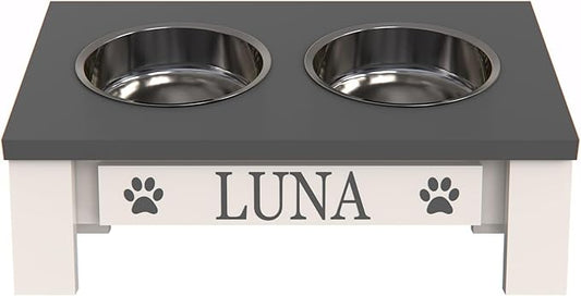 GrooveThis Woodshop Luxury Pet Feeder - Elevated Stand with Stainless Steel Bowls for Small Dogs & Cats, Anti-Slip, Easy Clean, Chic & Durable Design (Tilted, Grey)