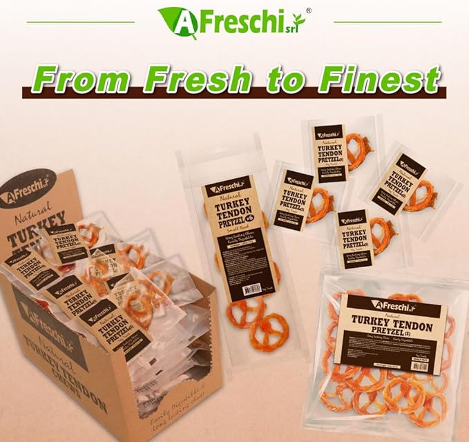 Afreschi Turkey Tendon Pretzel (S) 6 Pieces per Pack, USA-Sourced Turkey Tendon, All Natural Human Grade Puppy Chew, Hypoallergenic, Rawhide Alternative, Dog Treats for Small Breeds