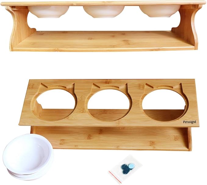 Cat Bowls Pet Dining Table with Raised Slope Wooden Stand Elevated Pet Bowls with Oblique Stand for Cats, Dogs, Kitten and Puppy (3 Bowls, Ceramics)