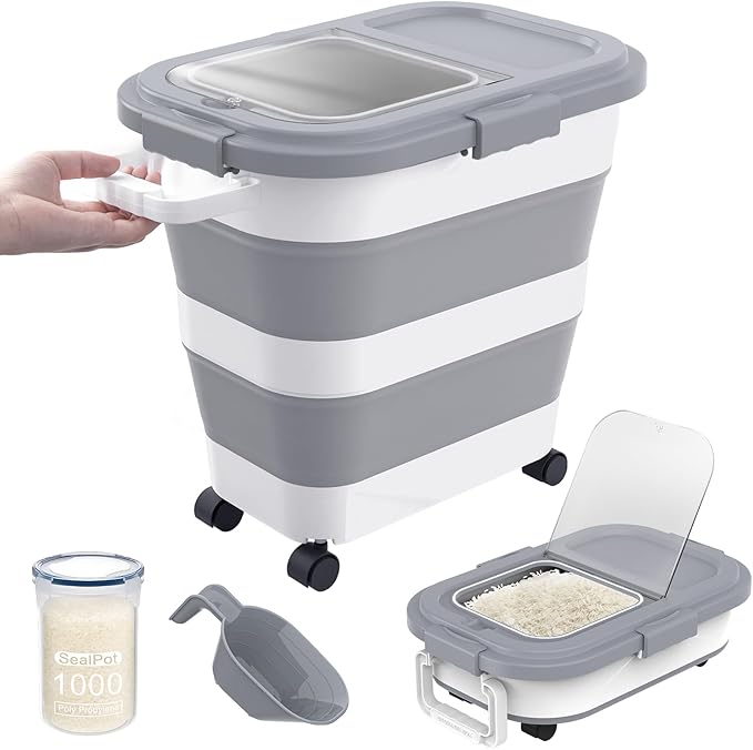 HOYTAMDA 25-35Lbs Rice Container,Collapsible Airtight Food Storage Containers with Wheels,Handle,Rice Storage Container with Small Bin and Scoop,Rice Dispenser for Flour Sugar Cereal Grain Dog Cat