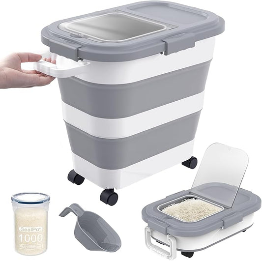 HOYTAMDA 25-35Lbs Rice Container,Collapsible Airtight Food Storage Containers with Wheels,Handle,Rice Storage Container with Small Bin and Scoop,Rice Dispenser for Flour Sugar Cereal Grain Dog Cat