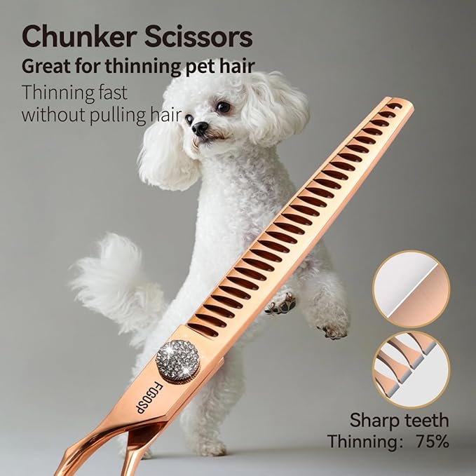 Left Handed Dog Grooming Scissors Set 4PCS Rose Gold Titanium Curved Thinning Straight Chunkers Shears Kit with White Artificial Diamonds Ergonomic Offset Handle Japan 440C