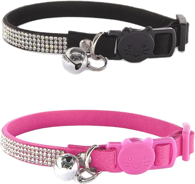 Pack of 2 Rhinestone Cat Collar Breakaway Safety Buckle with Bell, Adjustable Diamond Girl Boy Kitty Cute Comfy Collar for Kitten Small Pets Rabbits, 7.5"-11"
