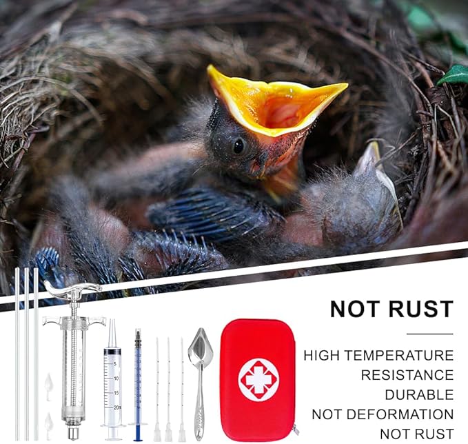Bird Feeding Syringe Feeding Tubes for Baby Birds Parrot Hand Feeding Syringe with Curved Gavage Tubes and Stainless Steel Metal Feeding Spoon (9Pcs)
