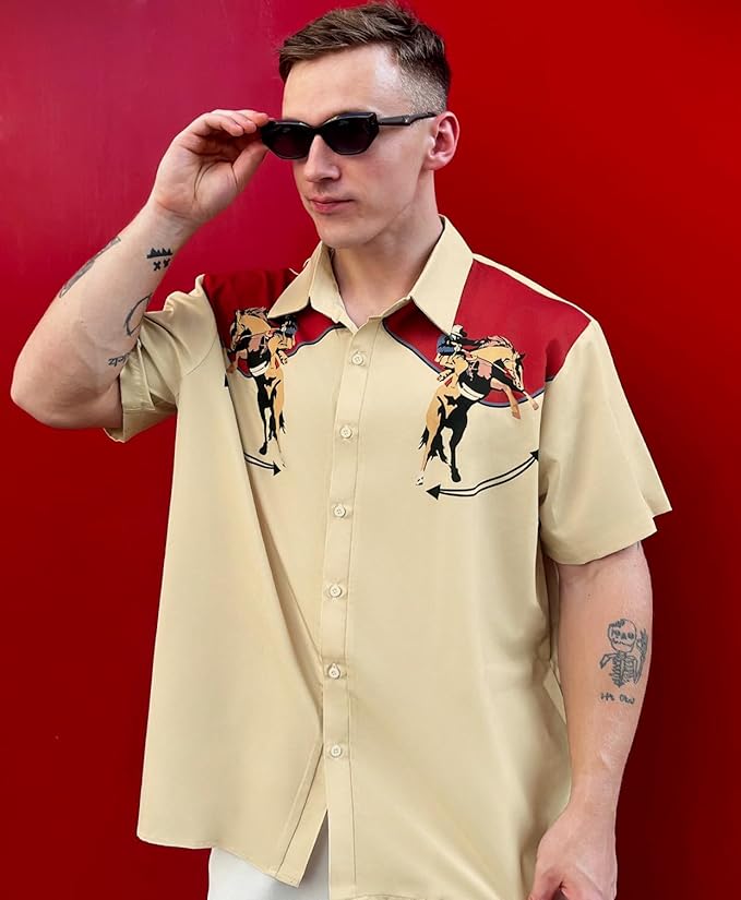 Men’s Hawaiian Shirt Western Cowboy Symmetrical Print Short Sleeve Button Down Casual Beach Holiday Summer Shirt