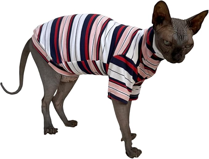 Vintage Stripes Sphynx Hairless Cats Shirt Cotton Cat Turtleneck Pet Clothes Kitten T-Shirts with Sleeves for Sphynx Cornish Rex, Devon Rex, Peterbald (Gentlemen, X-Large (Pack of 1))