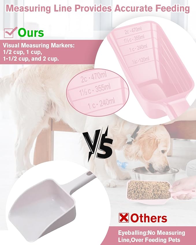 2 Cup Dog Food Scoop(2 Pack), Plastic Pet Food Scoop with Measuring Lines for Accurate Pet Food Portions,Dishwasher Safe (Pink)