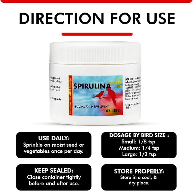 Morning Bird Spirulina 1 Oz Supplement for Caged Birds, Organic Bird Food Supplement with Vitamins, Proteins, and Amino Acids for Parakeets, Cockatiels, Budgies, Finches, Canaries, and Parrots