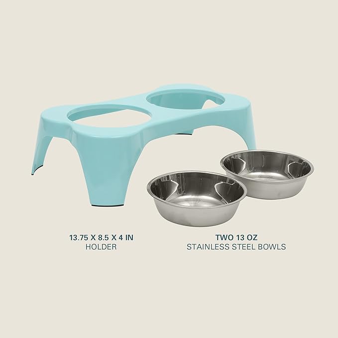 Gibson Home Bow Wow Meow 3-Piece Elevated Dog Bowl Set – Bone-Shaped Raised Feeder with 2 Stainless Steel Bowls for Medium to Large Dogs, Non-Slip, Easy to Clean, Teal