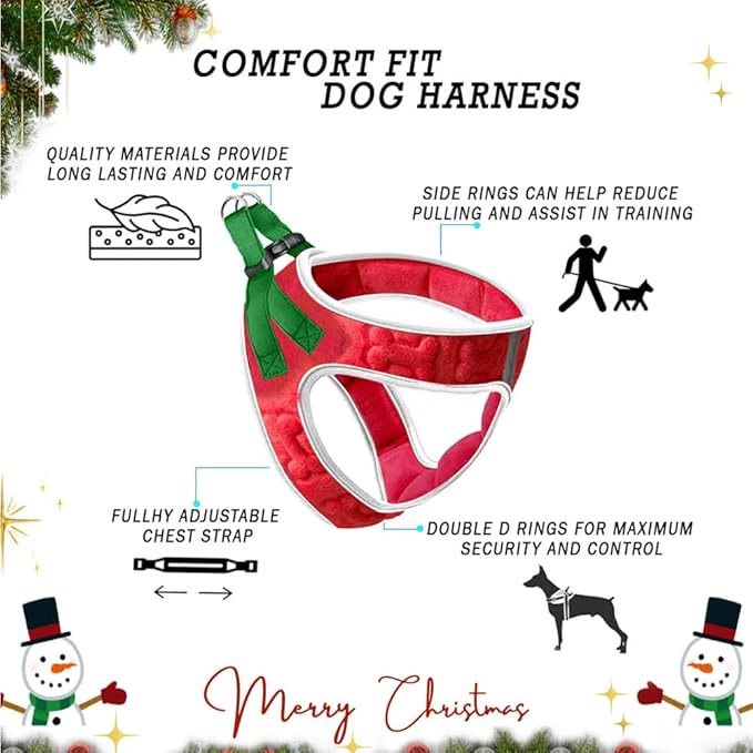 Comfort Fit Christmas Step-in Dog Harness – Festive All-Weather Dog & Puppy Harness | Adjustable, Soft Padded, No-Pull Holiday Vest for Small & Medium Dogs, Easy to Put On, Secure Buckle Fit