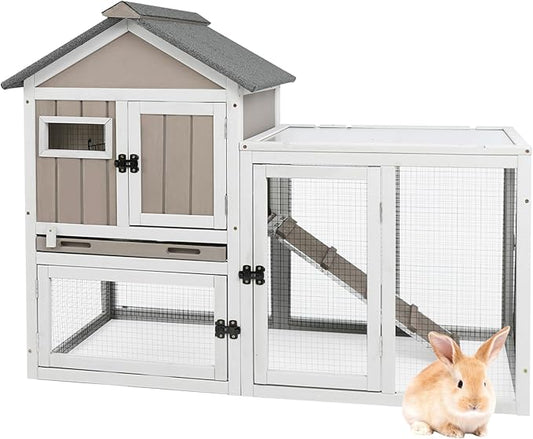 47''L Rabbit Hutch Outdoor Chicken Coop with Run, Wooden Indoor 2 Story Bunny House with Waterproof Roof, Pull Out Tray, Guinea Pig Rabbit Duck Cage for Small to Medium Animals and Pet Lover, Gray