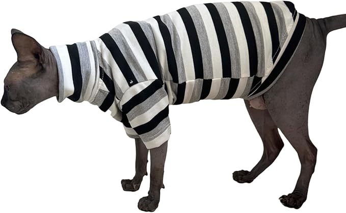 Vintage Stripes Sphynx Hairless Cats Shirt Cotton Cat Turtleneck Pet Clothes Kitten T-Shirts with Sleeves for Sphynx Cats (Black Grey White, Medium)