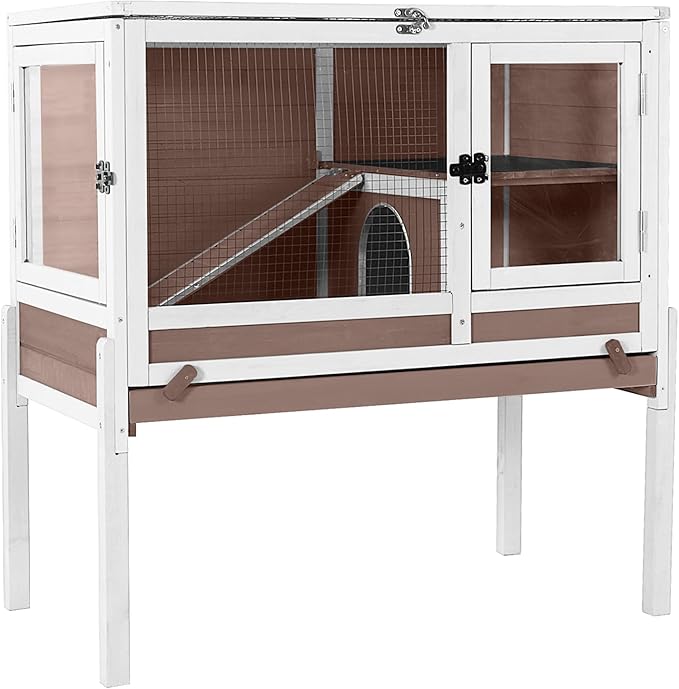 Guinea Pig Cage with Wooden Stand - Hamster Cage, Small Animal Cage Anti Chew Ramp, Hideout, Platform, Pull Out Tray (Brown, L)