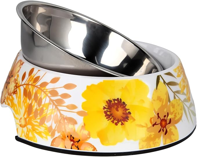 Pet Cats Dogs 2 in 1 Food Water Bowls - Non Slip Skid Proof Heavy Duty Pet Cats Dog Food Water Bowls for Feeding Drinking Small Medium Large Dogs Cats Puppies (Yellow Flower, S:7OZ)