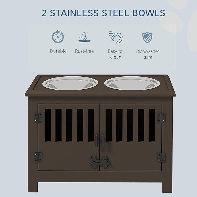 PawHut Large Elevated Dog Bowls with Storage Cabinet - 37L Capacity, Raised Dog Bowl Stand Feeding Station, Espresso