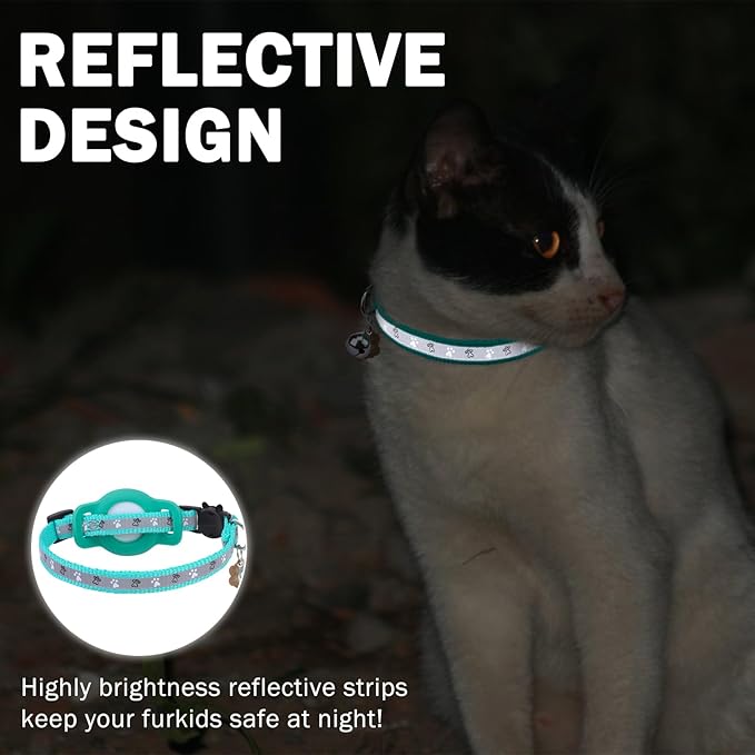 Airtag Cat Collar Breakaway, Reflective Kitten Collar with Bell and Apple Air Tag Holder, GPS Cute Cat Collar, Glow in The Dark Pet Collars for Boy Girl Cats, Kittens, Puppies, Aqua