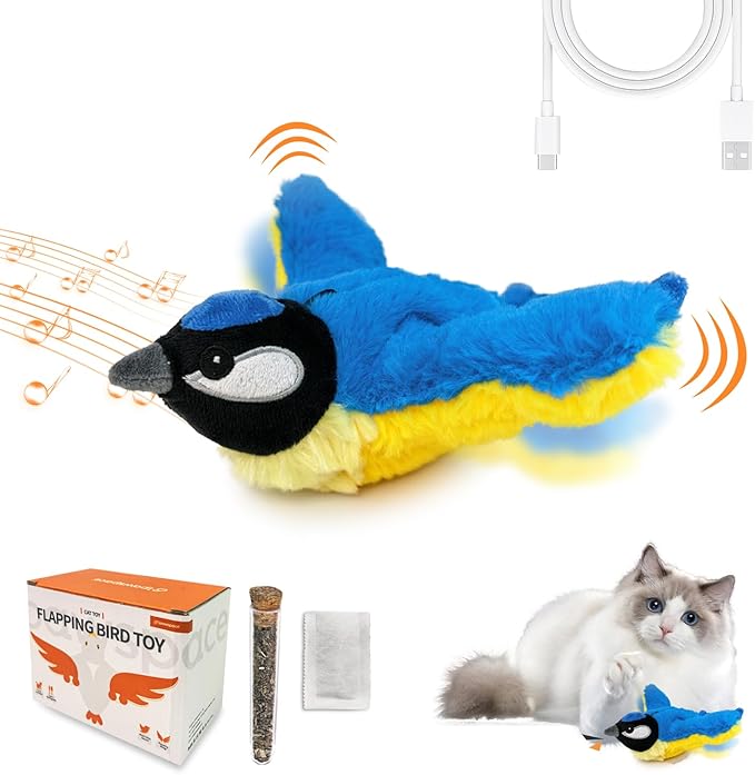 Interactive Flapping Bird Cat Toy with Catnip, Touch Activated Rechargeable, Musical Sound (can Turn Off), Satisfy Cat's Natural Huting Instinct, Soft Plush Washable Cover (Blue)