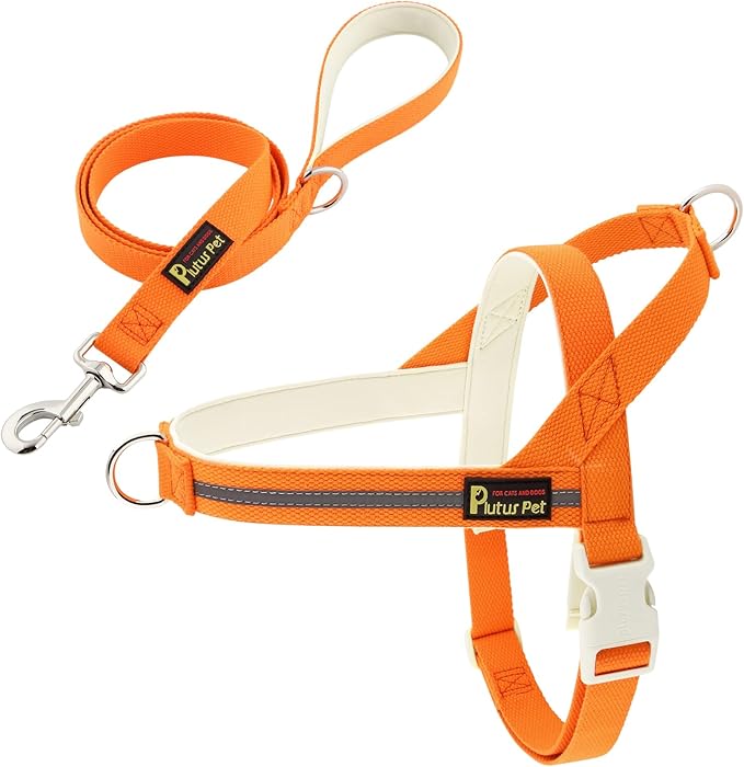 Plutus Pet Cotton Dog Harness and Leash Set, Reflective and Soft Padded, Quick Fit Vest Harness, for Small, Medium and Large Dogs, Orange, L
