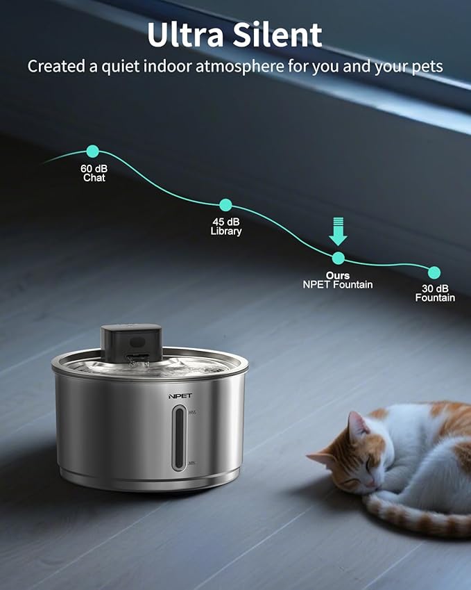 NPET Stainless Steel Wireless Cat Fountain, 1Gallon/135oz Battery Operated Automatic Pet Drinking Fountain - Cordless Dog Water Dispenser with Water Level Window for Cats Indoor
