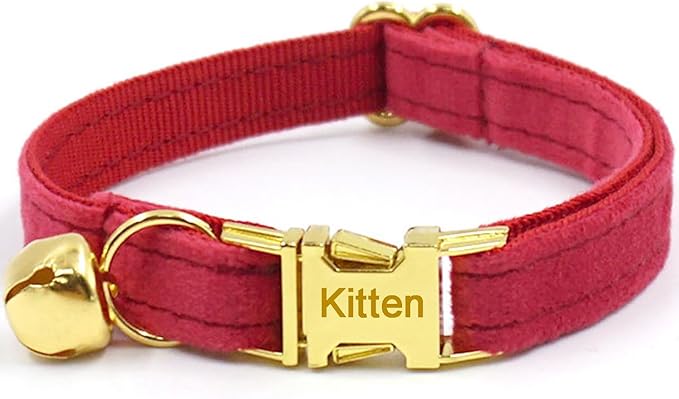 Personalized Cat Collar with Bells,Velvet Customized Small Cat Collar with Name Tag,Pet Collar with Name Phone Number Engraved ID Tags for Boy and Girl Kitten Cats (Red)