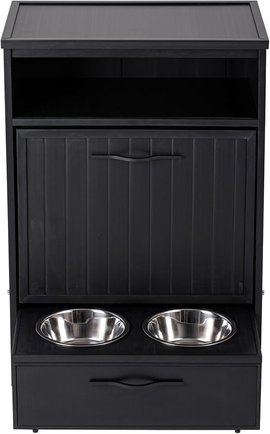 New Age Pet® ECOFLEX® Dog Food Pantry with 2 Stainless Steel Bowls - Moisture Resistant Wood Plastic Composite Pet Feeding Station, Holds 25 lbs of Food, Easy Assembly, 7.7" Drawer Height