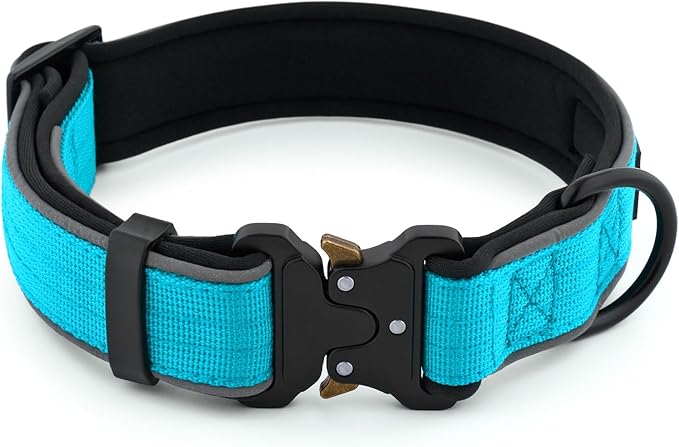 Plutus Pet Tactical Dog Collar, Reflective, Adjustable Heavy Duty Dog Collar, Soft Padded and Comfortable, for Small Medium and Large Dogs (Cyan, M)