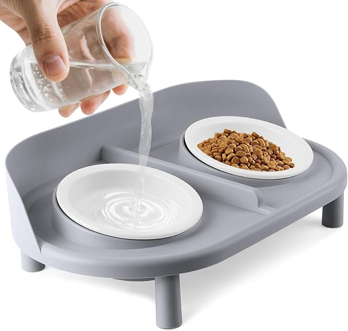 Elevated Cat Bowls, Tilted Rised Cat Food and Water Bowl with 2 Pcs Ceramic Pet Bowls, Rised Stand, Pet Dish Anti Vomiting Feeding Station for All Sized Cats & Small Dogs (Grey)