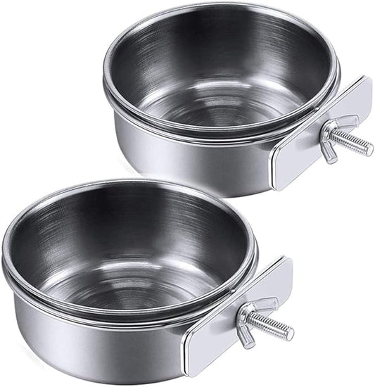 PINVNBY 2PCS Parrot Feeding Cups Birds Food Dish Stainless Steel Parrot Feeders Water Cage Bowls with Clamp Holder for Cockatiel Conure Parakeet Parrot Macaw Small Animal (Size: M)