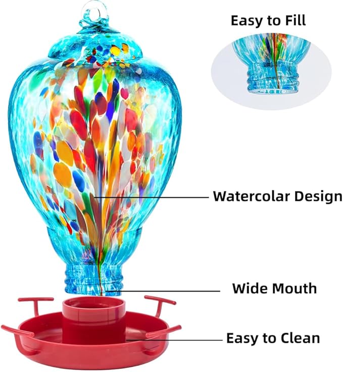 Colorful Glass Wild Bird Waterer 32 Oz Bird Water Feeder for Outdoors Garden Outside Water Cooler Tree Yard Decoration (Blue-fire)
